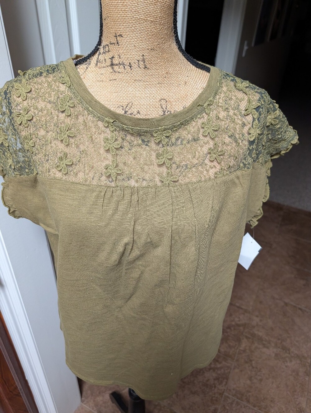 everleigh Olive Green Lace Yoke Short Sleeve Top